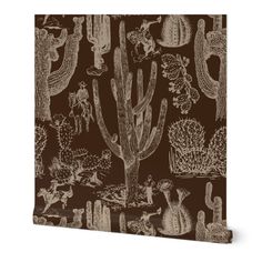 a brown and white wallpaper with cacti on it