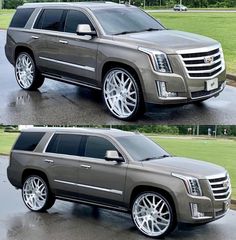 the front and side view of an suv in two different pictures, one with chrome rims