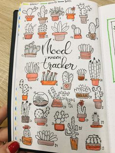 a hand holding an open notebook with doodles and cactuses on the pages that read mood trackerr