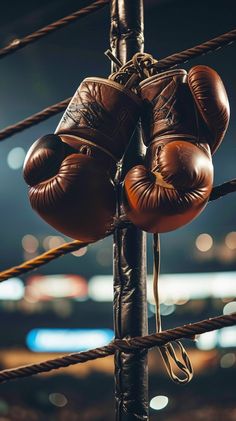 two brown boxing gloves hanging on a rope