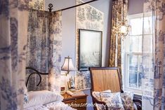 Beautiful Blue And White Toile Bedroom Makeover Wrought Iron Beds, Wrought Iron Bed, Glass Dining Room Table