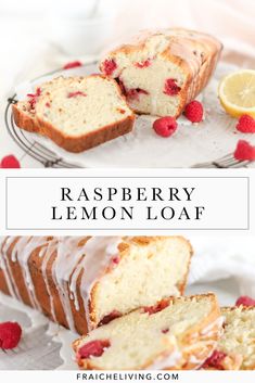 raspberry lemon loaf on a plate with fresh raspberries