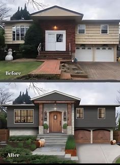 before and after pictures of a house with two garages on each side, the front door is open