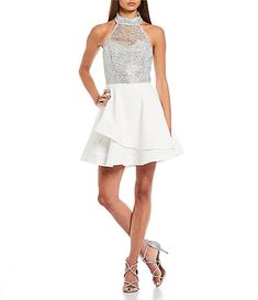 Juniors' Party & Homecoming Dresses | Dillard's Crepe Skirts, Dresses 2024, Skirt Fits, Trending Styles, Top Trending, Junior Dresses, Dillard's, Lace Overlay, High Neckline