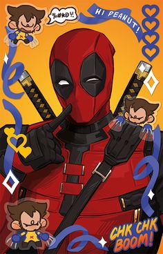 a deadpool character is holding two swords