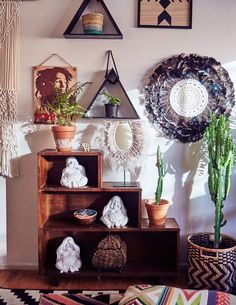 a living room filled with lots of different types of plants and decorations on the wall