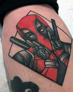 a tattoo on the leg of a man with gas masks and wrenches in front of him