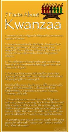 a poster with the words 7 acts about kwanzaa written in front of it