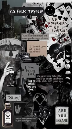 a collage of black and white images with words, pictures, and other things