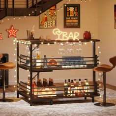 the bar is decorated with lights and bottles