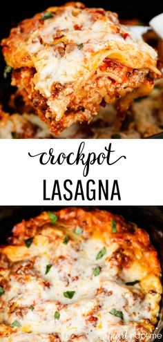 crockpot lasagna in a cast iron skillet with text overlay