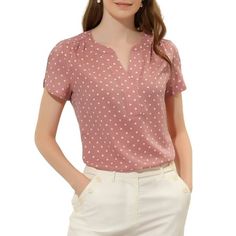 It's a good versatile blouse that could be worn anytime. Whether you're in the office or out on the town, this dots print shirt is perfect for any occasion. The v-neck design sits on blouse that adds an feminine touch. Featuring with a classic v neck, short sleeves and dots print pattern. A v neck with short sleeves keeps the look classic and charm. Style it with your favorite shorts and heels for stylish look. Occasion: Office, Coffee Shop, Shopping, etc. Please check your measurements to make Dot Print Pattern, Office Blouse, Office Coffee, Blouse Short Sleeve, Work Wear Women, Pink Outfits, Work Office, Work Shirts, Plus Size Blouses