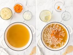 two pictures showing the process of making soup