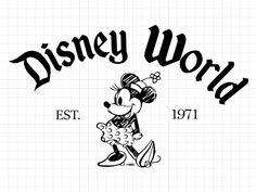 the logo for disneyland is shown in black and white, with an image of minnie