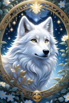 a painting of a white wolf surrounded by flowers and stars in a gold frame with the moon behind it