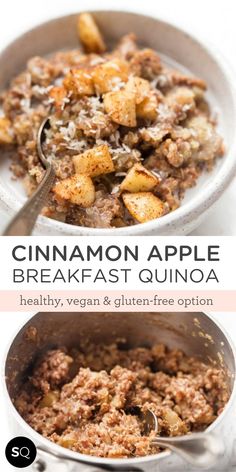 cinnamon apple breakfast quinoa in a bowl with spoons on the side and text overlay