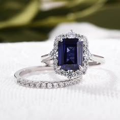 Emerald Cut Wedding Ring, Bridal Set Rings, Sapphire Wedding Ring Set, Engagement Ring Style Guide, Engagement And Wedding Ring Sets, Blue Sapphire Wedding Ring, Wedding Rings Emerald Cut, Ring Style Guide, Emerald Cut Halo