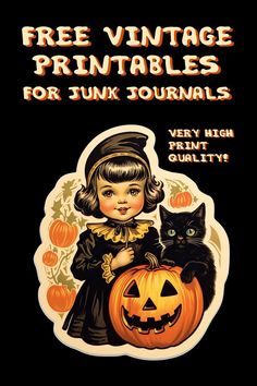 If you like digital vintage printables and ephemera in high quality, you can get them now for free on our website! We offer vintage patterns, cut-outs, cliparts, labels, tags, digital stationery and stickers from all eras! Retro art lovers will love this cute Halloween themed girl with a jack'o'lantern and black cat sticker printable. Ideal for junk journals, scrapbooks, art journals or any kind of crafting! When printed on white sticker paper, this printable transforms into a real sticker!.#StickerLove #CuteStickers #StickerAddict #StickerObsessed #StickerGoals Vintage Halloween Printables, Vintage Halloween Images, Halloween Paper Crafts, Free Vintage Printables, Diy Halloween Decor, Paper Gifts Anniversary, Halloween Cute, Fall Halloween Crafts, Vintage Junk