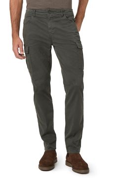 Cargo pockets add contemporary, utilitarian style to slim-cut, smart-casual tapered pants made from garment-dyed stretch sateen. 31 1/2" inseam; 14" leg opening; 10 1/2" front rise; 13 1/2" back rise (size 32) Zip fly with button closure Front scoop pockets; side flap-patch pockets; back welt pockets 98% cotton, 2% spandex Machine wash, tumble dry Imported Chino Cotton Twill Cargo Pants With Tapered Leg, Chino Cotton Twill Cargo Pants With Pockets, Tapered Cargo Pants With Hip Pockets, Fitted Cargo Pants With Tapered Leg And Patch Pockets, Fitted Chino Cotton Twill Cargo Pants With Tapered Leg, Fitted Chino Cotton Twill Cargo Pants, Fitted Cargo Pants In Chino Cotton Twill, Fitted Cargo Pants With Pockets In Chino Cotton Twill, Utilitarian Style