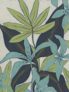 a painting of leaves and flowers on a white background with blue, green, and black colors