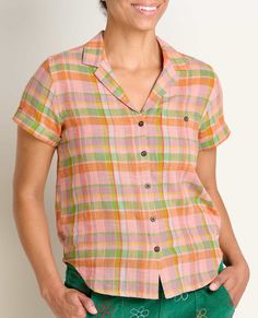 This button up shirt makes warm weather easy. Lightweight and ventilating, with prints aplenty, pair with pants and a peep toe for work, or throw on a floppy hat and sunnies for weekend-wear. Multicolor Relaxed Fit Camp Shirt For Spring, Casual Pink Camp Shirt For Spring, Pink Casual Camp Shirt For Spring, Spring Vacation Shirt With Pockets, Summer Camp Shirt With Camp Collar For Spring, Summer Camp Shirt With Button Closure, Spring Camp Shirt With Camp Collar, Relaxed Fit Pink Camp Shirt For Spring, Retro Beach Shirt For Spring