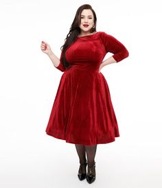 Devon’s got a relentless drive, gals! A fantastically faithful mid century silhouette from Unique Vintage, the 1950s plus size Devon Dress is a sultry swing full of unstoppable beauty. Cast in a burgundy velvet, the textured pattern provides an enchanting and eye-catching embellishment to your figure as a darted bodice and dramatic bateau neckline drops into a sultry V in the back. The sleek three-quarter length sleeves allow for cheeky pin-up posing as the dynamic swing skirt drops to your knees with ample room for a petticoat pop. Outfitted with hidden side pockets, a back zipper, and a charming belt to cinch in your form, drive it like you stole it!Crinoline added for volume, sold separately.Available in sizes XS-5X while supplies last Fashion 50s, Pin Up Poses, Vintage Plus Size, Burgundy Velvet, Bateau Neckline, Step Back, Christmas Fashion, Unique Dresses, Nordstrom Dresses