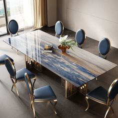 a dining table with blue chairs around it