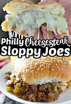 a cheese steak sloppy joes sandwich on a white plate with text overlay that reads, phily cheese steak sloppy joes