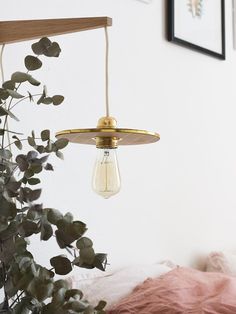 a light that is hanging from the ceiling next to a potted plant in a bedroom