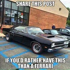 an old black car parked in front of a building with the caption share this post if you'd rather have this than a ferrari