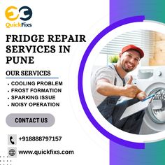 a man fixing a washing machine with the words fridge repair services in pune on it