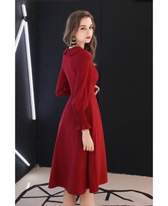 Shop Retro Knee Length Burgundy Party Dress With Long Sleeves Bow Knot online. All instock with free shipping. Pro since 2009. Long Sleeve Solid Color Cocktail Dress, Solid Color A-line Long Sleeve Party Dress, Long Sleeve Party Midi Dress, Solid Color Fall Party Dress, Elegant Long Sleeve Dinner Dress For Winter, Long Sleeve Midi Dress For Party Season, Winter Dinner Midi Dress, Knee-length, Long Sleeve Midi Dress For Party Season Dinner, Long Sleeve Midi Dress For Dinner Party