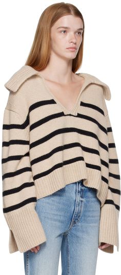 Knit cashmere sweater. Rib knit trim and stripe pattern throughout. · Open spread collar at plunging neck · Dropped shoulders Supplier color: Butter/Black stripe Plunging Neck, Cashmere Sweater, Luxury Streetwear, Cashmere Sweaters, Black Stripes, Stripes Pattern, Rib Knit, Bell Sleeve Top, Cashmere