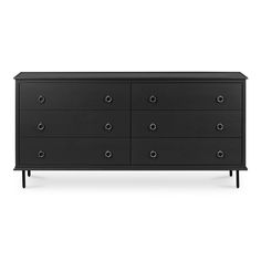 a black dresser with six drawers and two doors on one side, in front of a white background