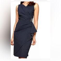 Nwt Alex Evenings .Soft, Comfortable, Figure Enhancing Navy Blue Sleeveless Cocktail Dress Is 78%Nylon And 22% Spandex. Elegant Sleeveless Formal Dress, Elegant Blue Elastane Midi Dress, Elegant Blue Sleeveless Dress For Work, Alex Evenings, Evening Dresses Cocktail, Asymmetrical Dress, Chic Dress, Cocktail Dresses, Designer Dresses