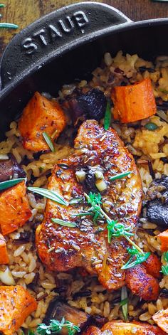 Chicken and Wild Rice with Sweet Potatoes and Mushrooms in a cast iron skillet. Fall Recipes With Sweet Potatoes, Chicken Autumn Recipes, Fall Dinner Favorites, Sweet Potatoes And Mushrooms, Easy Dinner Recipes Veggies, Gf Fall Dinner Recipes, Fall Dinner Recipes Casseroles, On Budget Meals Recipes, Easy Home Dinner Recipes