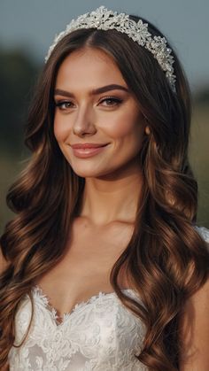 a woman wearing a tiara and smiling at the camera with her hair in half up