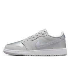 Grade School Jordan 1 Retro Low OG Neutral Grey/Metallic Silver Size: 4.5.  Color: Gray.  Gender: unisex.  Age Group: kids. Gray Low-top Jordan Shoes For Light Sports, Jordan Metallic Silver, Gray Low-top Synthetic Jordan Shoes, Walking Sneakers, Kids Jordans, Soccer Shoes, Air Jordan 1 Retro, Jordan 1 Retro, Jordan 1 Retro High