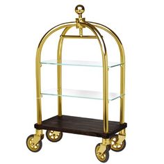 a gold and glass shelf with wheels