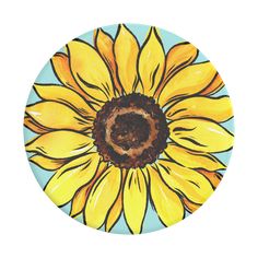 a painting of a sunflower on a blue and yellow plate with brown center piece