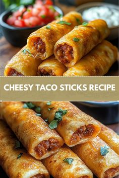 cheesey taco sticks are stacked on top of each other and ready to be eaten