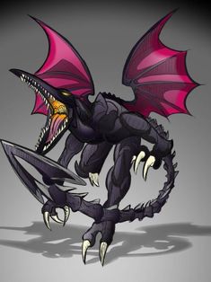 a black dragon with red wings and fangs