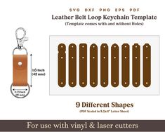 leather belt loop keychain template with 9 different shapes for use with vinyl & laser cutters