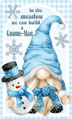 a snowman and a gnome are sitting next to each other on a blue checkered background