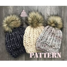 three knitted hats with pom - poms on top and the words pattern below it