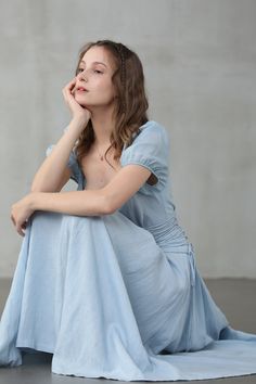 "Linennaive's versatile pieces work for a variety of occasions in effortless shapes and timeless designs. This seafoam-blue girdle dress is cut from a linen and silk-blend and has ruffled neckline and puff sleeve silk sleeves to enhance the breezy, easy-going silhouette. Whether you're going for a casual or classic look, this blue linen midi dress from Linennaive will match perfectly in either way. No doubt. 【Fabric】 Main100% linen, natural pure linen. Medium weight. It is washed with special te Fitted Bodice Maxi Dress For Brunch, Ruched Maxi Dress With Fitted Bodice For Brunch, Casual Maxi Dress With Fitted Bodice And Short Sleeves, Summer A-line Maxi Dress With Gathered Neckline, Chic Maxi Dress With Fitted Bodice And Short Sleeves, Chic Short Sleeve Maxi Dress With Fitted Bodice, Spring Ruched Tea-length Dress, Spring Tea-length Ruched Dress, Spring Tea Length Ruched Dress