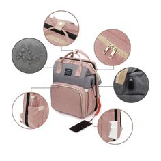 the contents of a pink and grey backpack with four different compartments, including an umbrella