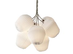 five white lamps hanging from a metal rod