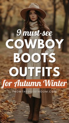 a woman wears cowboy boots for autumn winter, western outfits Cowboy Boots Fall 2024, Cowboy Boots Sweater Outfit, Cowboy Boot Outfits Street Style, Western Chelsea Boots Outfit, Womens Tall Boots Outfit, Styling Cowboy Boots Women Casual, Tights And Cowboy Boots Outfit, Ways To Wear Cowboy Boots, Style Cowboy Boots Women Winter