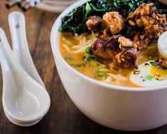 Spicy Miso Ramen with Chicken Karaage, sautéed kale, and a perfectly cooked soft-boiled ramen egg. Fill your belly and soothe your soul. Shrimp Yakisoba, Homemade Noodle Recipes, Ramen With Chicken, Spicy Miso Ramen Recipe, Spicy Miso Ramen, Party Food Dinner, Fresh Ramen Noodles, Chicken Udon, Noodle Recipes Homemade